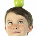 Success Habits shown by boy with green apple on head